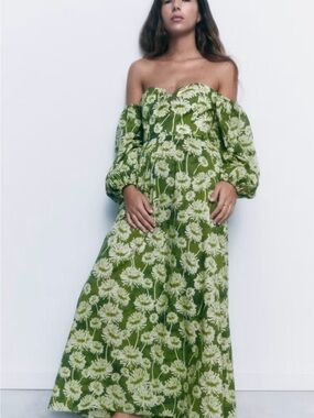 Zara Green Floral One-Shoulder Maxi Dress